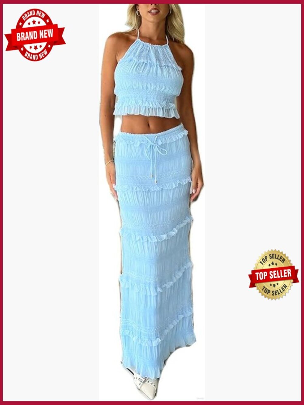 Y2K Lace Maxi Skirt Set Backless Halter Crop Top Long Skirt 2 Piece Outfit